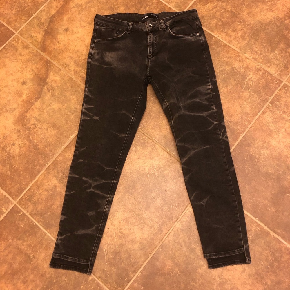 Zara Black and Cream Distressed Denim Jeans